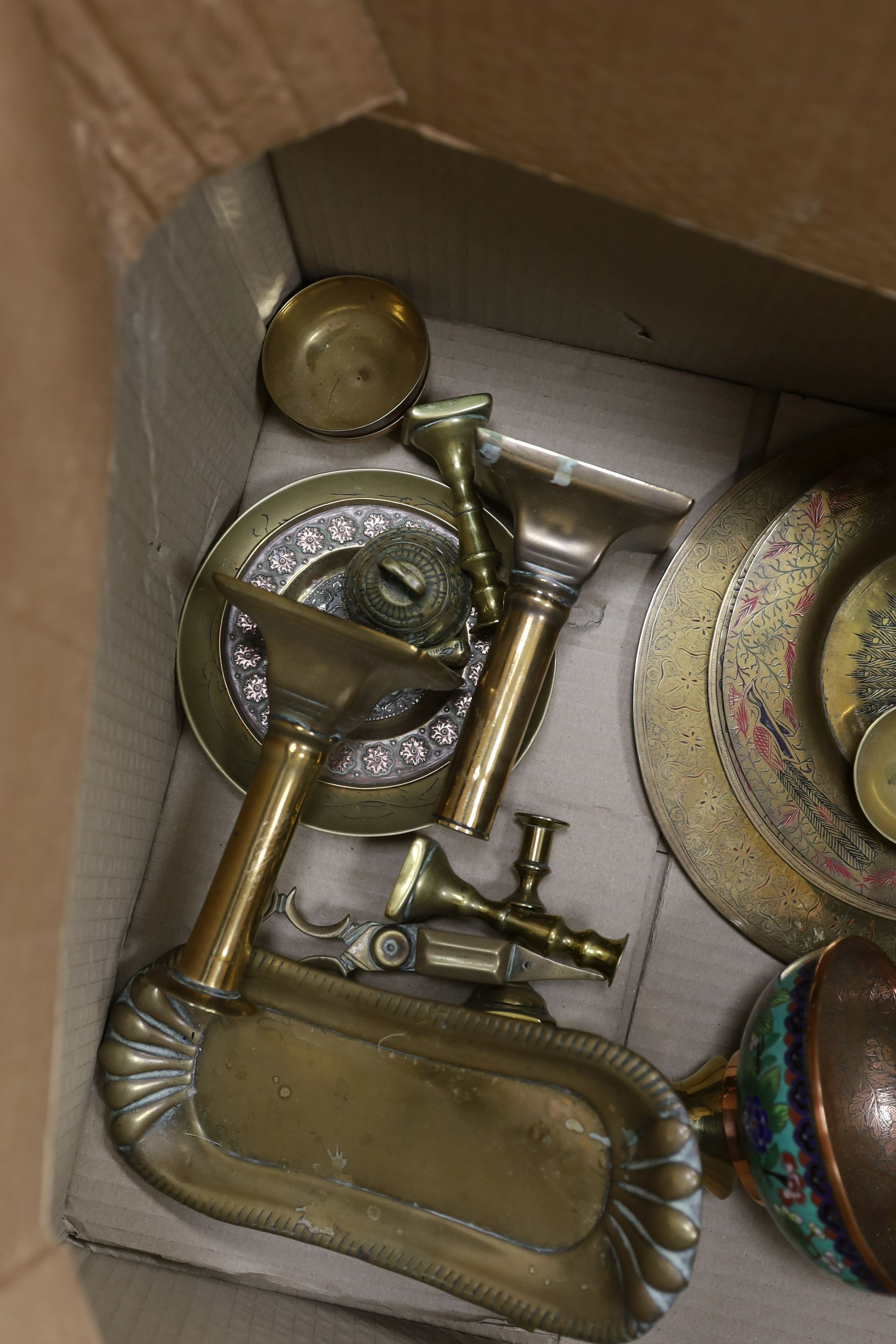 A group of assorted metalware including Indian and Persian trays